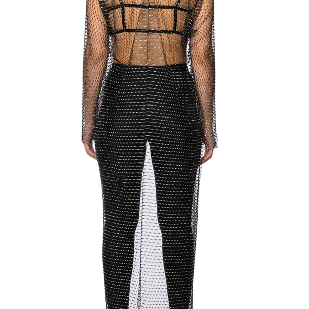 Akira Rhinestone Fishnet Long Open Front Jacket - Picture 4 of 12